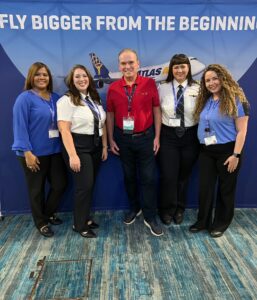 (L to R): Yovankha Untracht, 747 First Officer Michelle Phale, Kevin O’Reilly, 767 Captain Jenny Breaux, and Karina Guevara