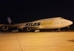 Atlas Air N464MC at night at Dulles International Airport (IAD) in August, during the relief missions.