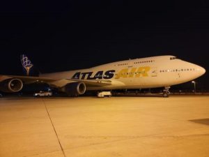 Atlas Air N464MC at night at Dulles International Airport (IAD) in August, during the relief missions.