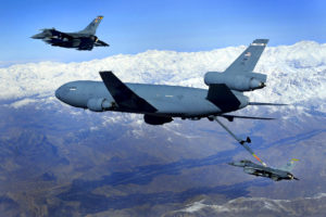 A U.S. Air Force KC-10A Extender aircraft from the 908th Expeditionary Air Refueling Squadron refuels an F-16 Fighting Falcon aircraft from the 79th Expeditionary Fighter Squadron over eastern Afghanistan Nov. 26, 2009. (U.S. Air Force photo by Staff Sgt. Michael B. Keller/Released)