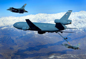 A U.S. Air Force KC-10A Extender aircraft from the 908th Expeditionary Air Refueling Squadron refuels an F-16 Fighting Falcon aircraft from the 79th Expeditionary Fighter Squadron over eastern Afghanistan Nov. 26, 2009. (U.S. Air Force photo by Staff Sgt. Michael B. Keller/Released)